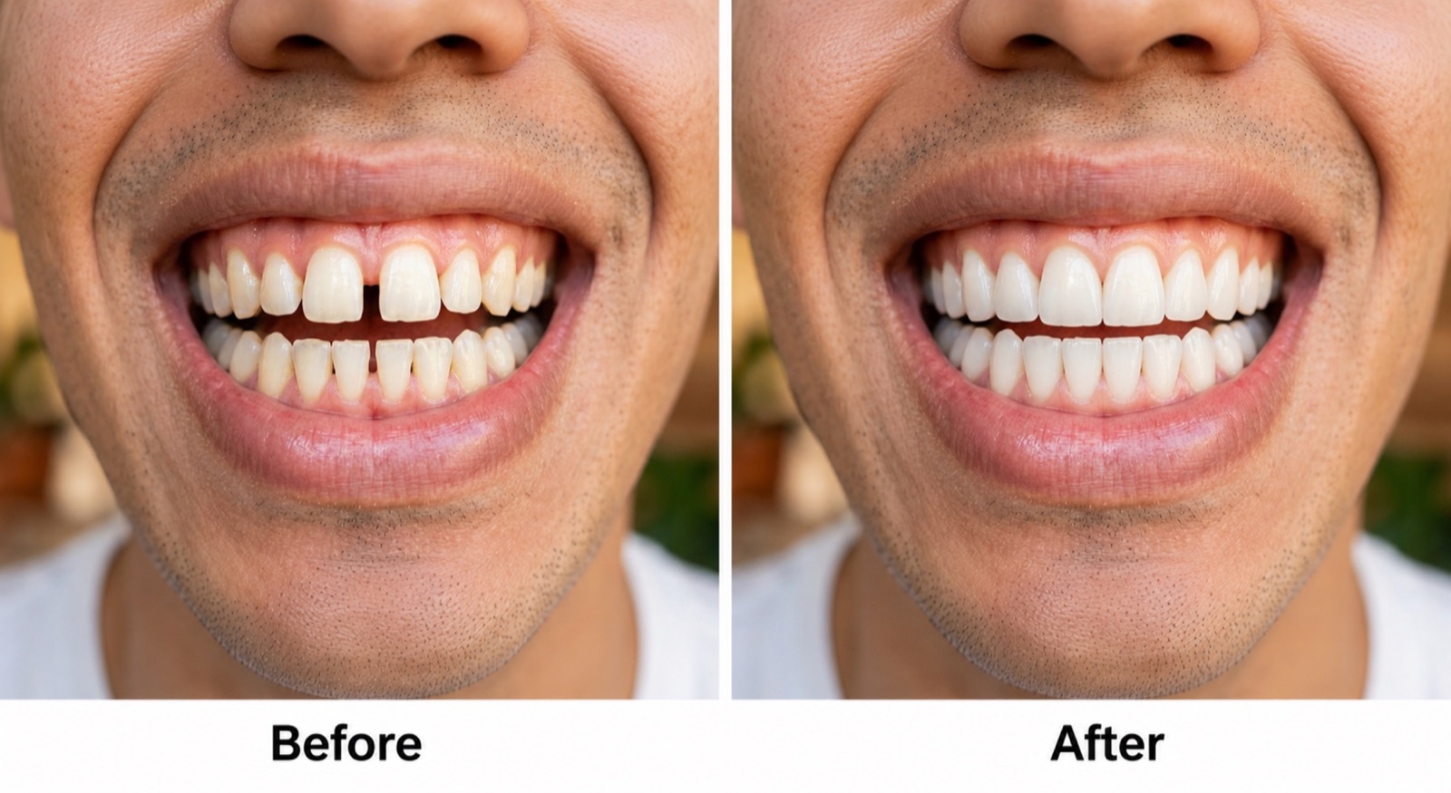 Before and after: a gap between the upper front teeth closed, and the smile evened and lightened