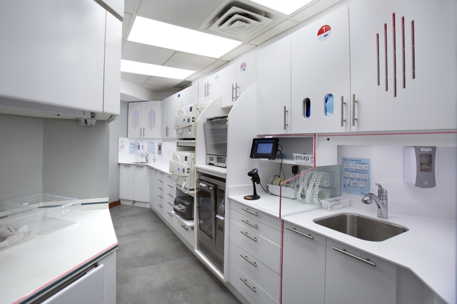 Our sterilisation centre, with instrument cassettes and autoclaves lined up in sequence