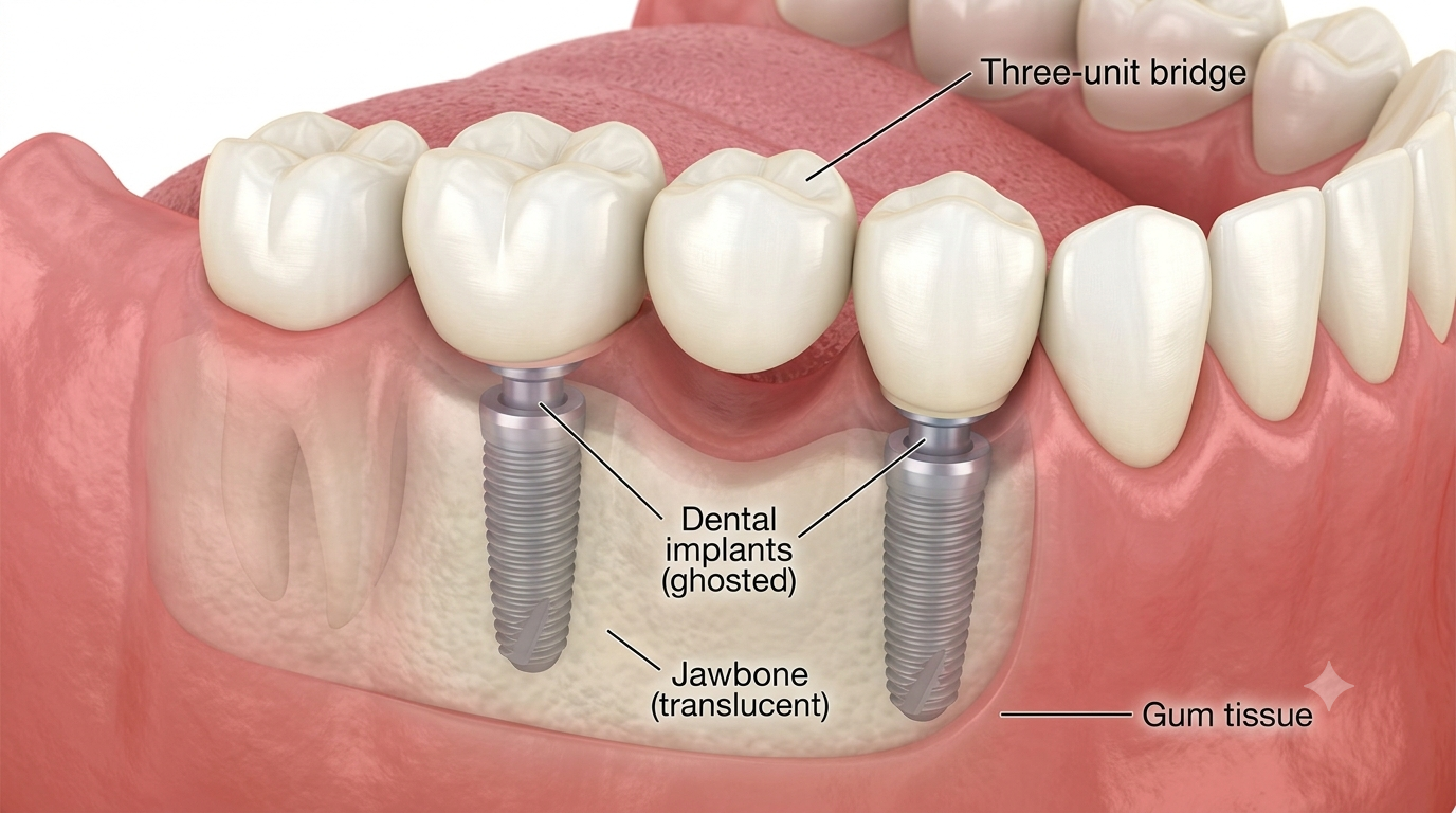 Diagram showing a three-unit implant bridge supported by two dental implants in the jawbone