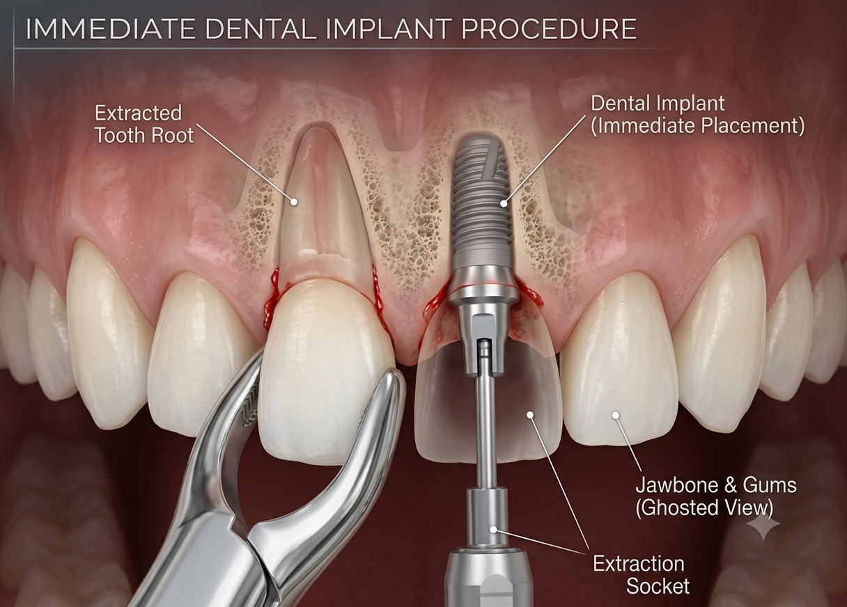 Medical illustration showing immediate dental implant placement into an extraction socket with jawbone anatomy
