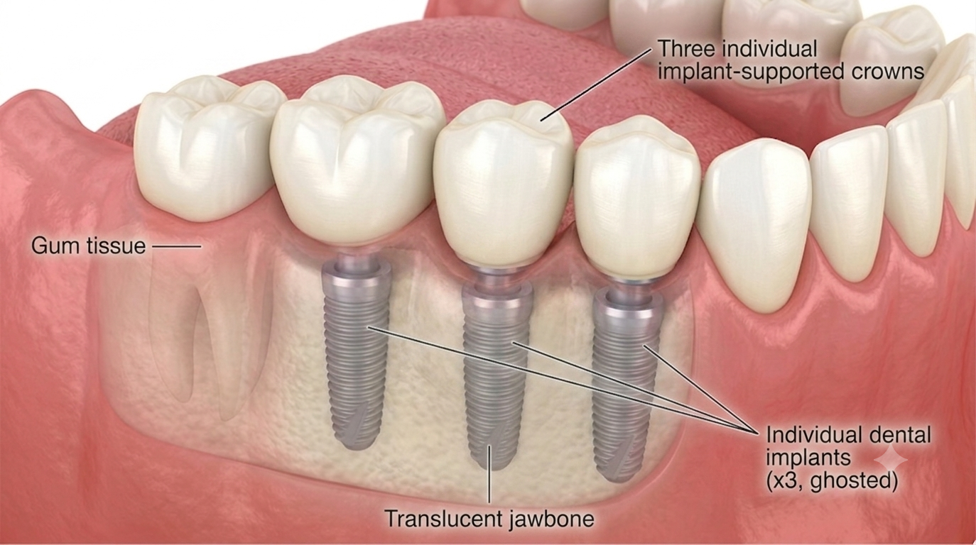 Medical illustration showing three individual implant-supported crowns on three titanium implants in a translucent jawbone