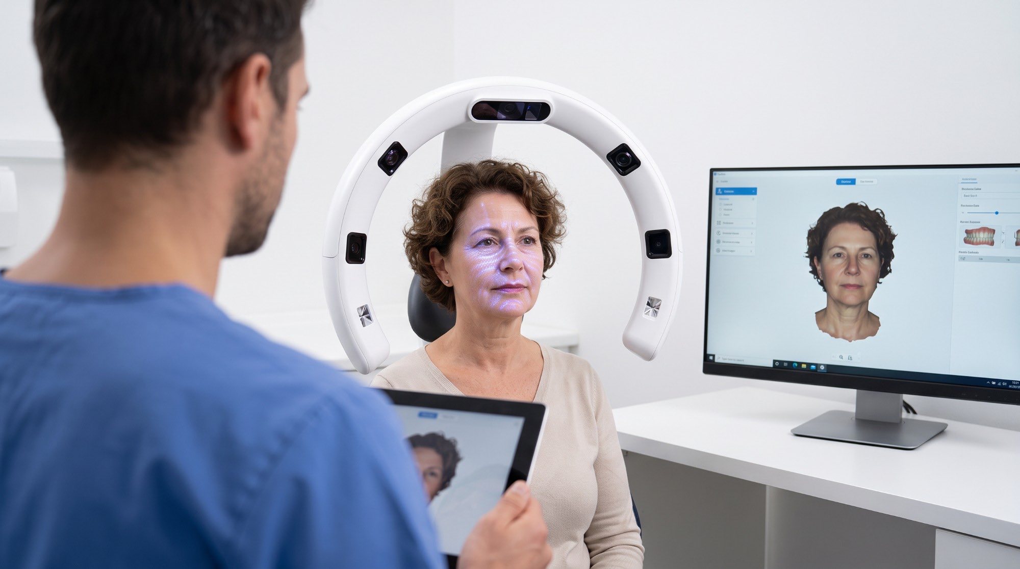 A patient being captured by a 3D facial scanner, with the resulting model on screen