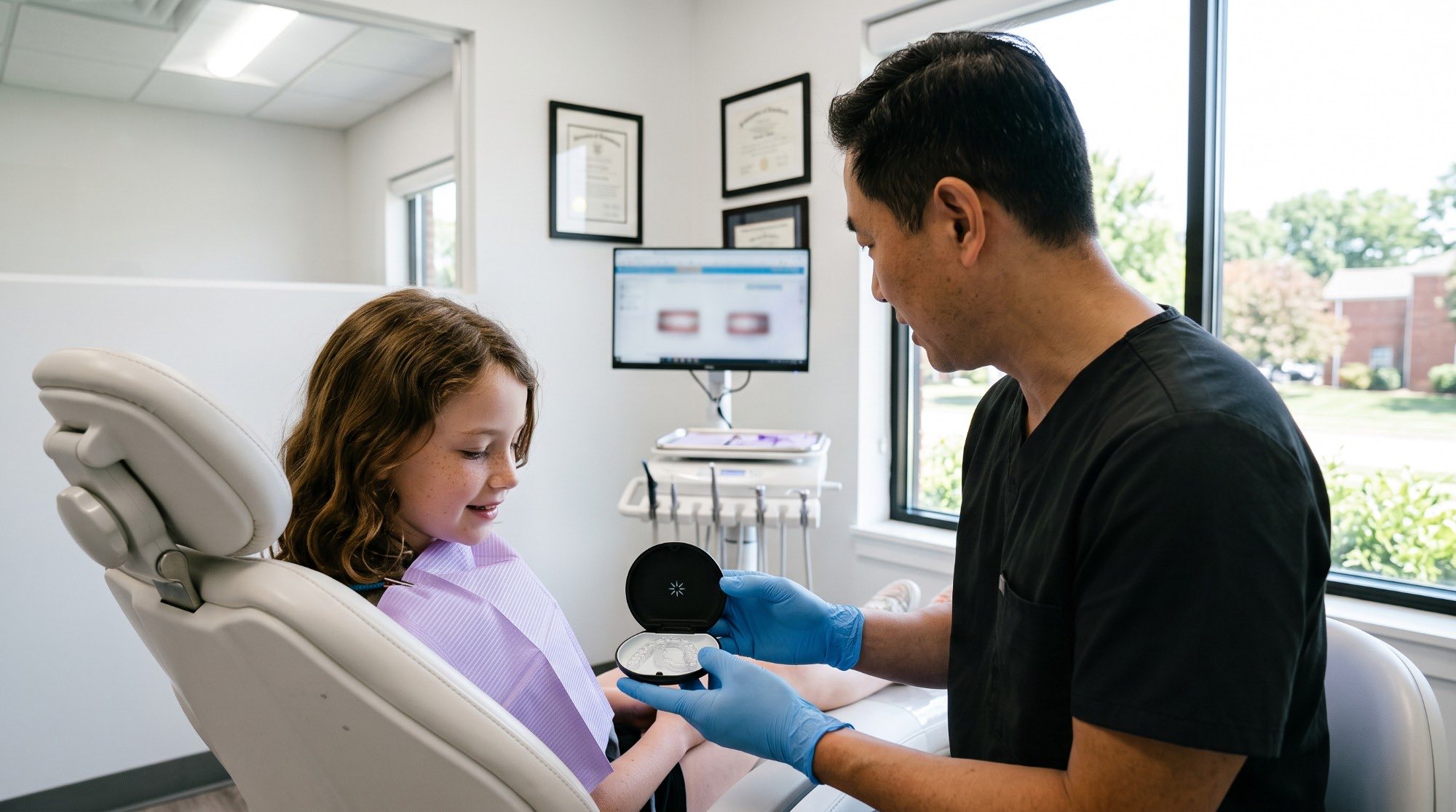 A dentist showing a young patient a clear aligner in its case
