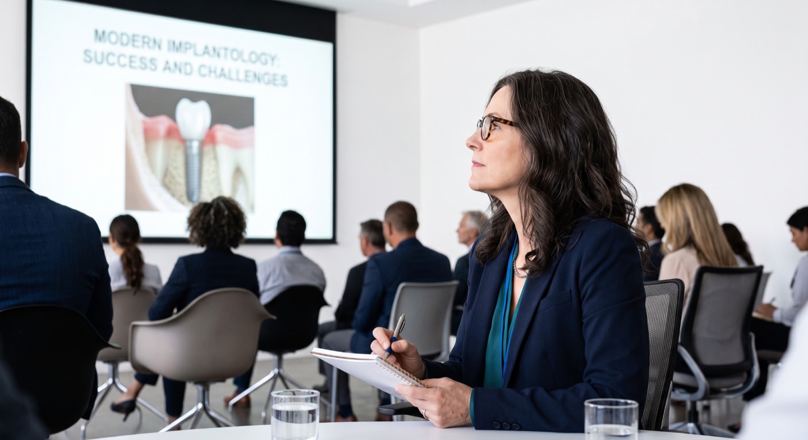Attendees at a dental implant information seminar, taking notes while a slide headed Modern Implantology is presented
