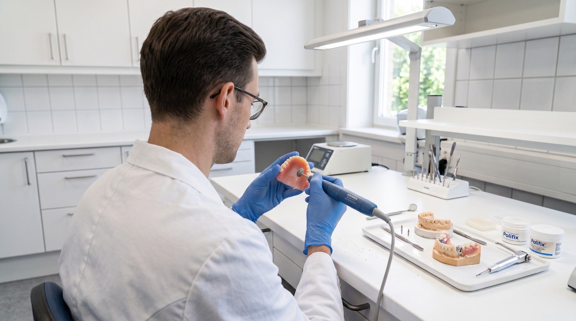 A dental technician finishing a partial denture at the bench