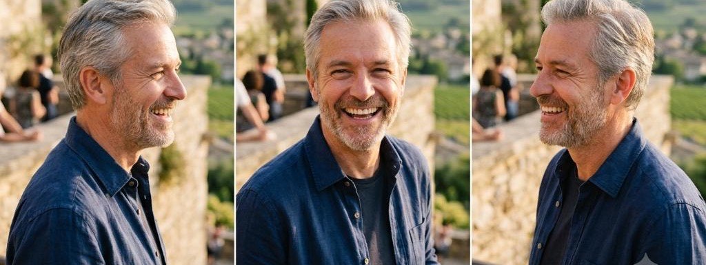 A man in his sixties smiling, photographed from three angles