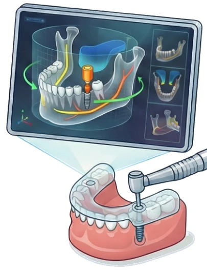 Illustration: a screen shows an implant planned in a 3D model of the lower jaw, with the nerve marked; below it, a clear surgical guide sits over the teeth of a jaw model while the drill passes through an opening in the guide.