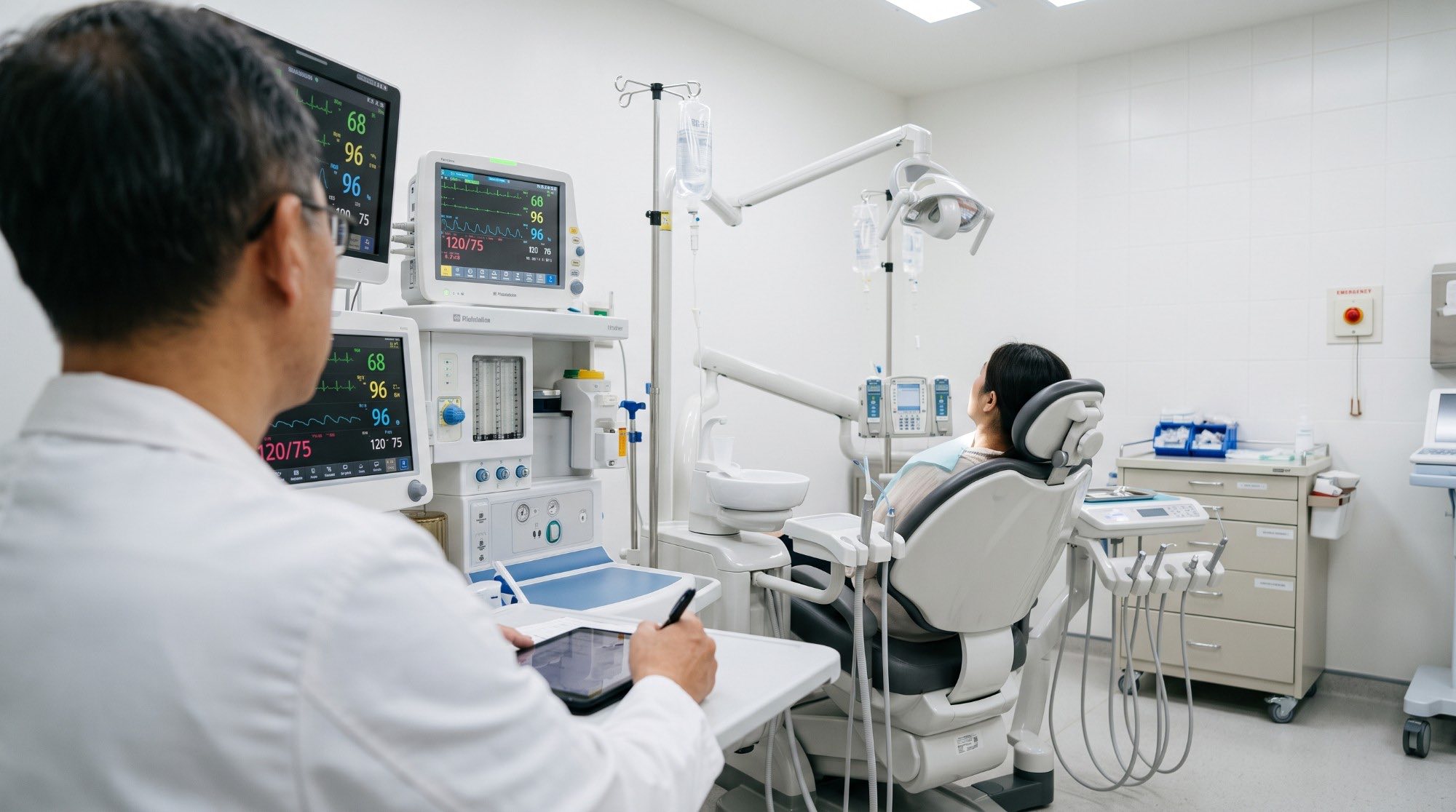 Vital-sign monitors and an anaesthetic machine beside a dental chair during sedation